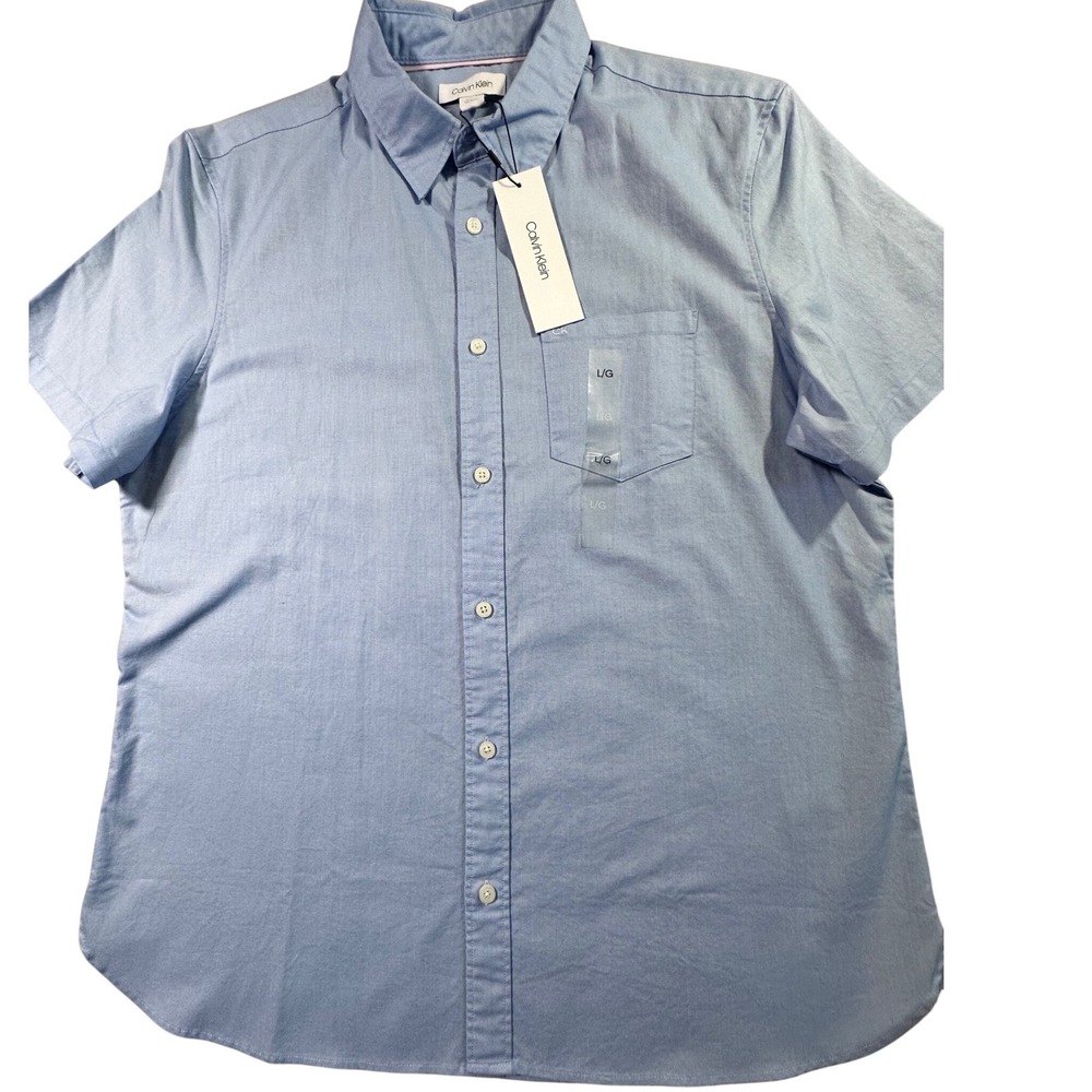 Calvin Klein Mens Light Blue Short Sleeve Cotton Stretch Button Down Shirt L NWT